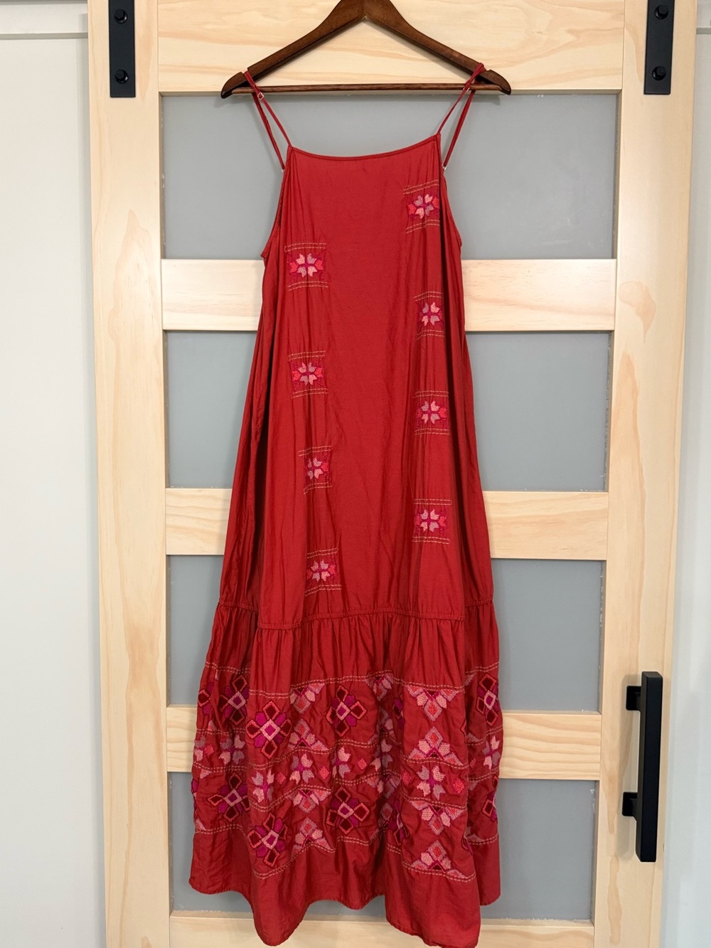 Zara Brick Red Embroidered Cotton Maxi Dress Medium Boho Strappy